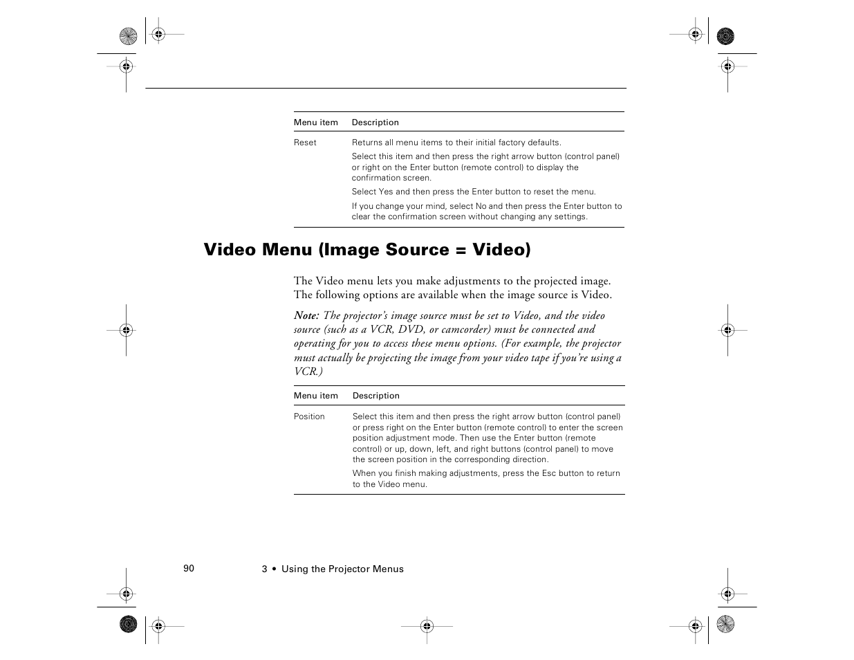 Video menu (image source = video) | Epson 8000i User Manual | Page 100 / 178