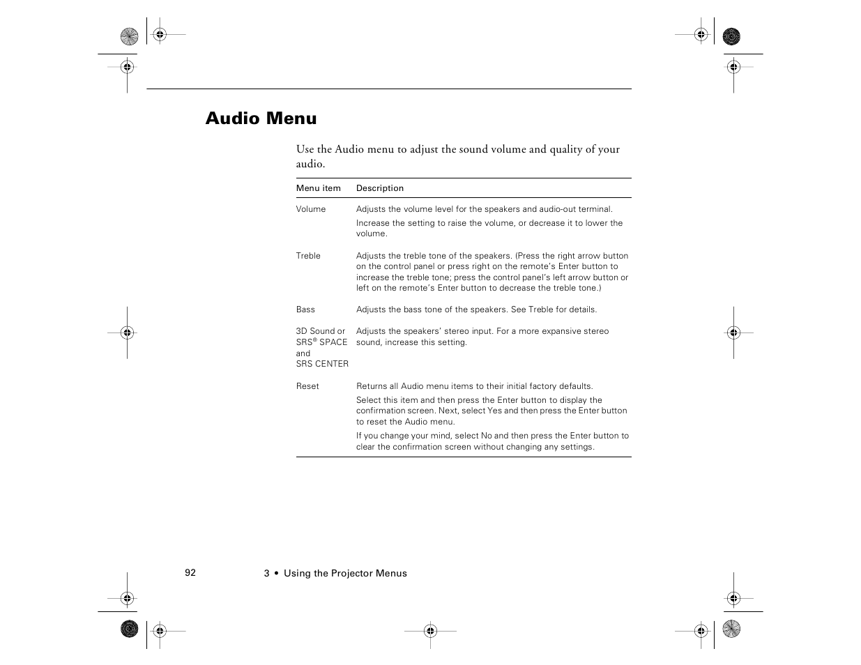 Audio menu | Epson 8000i User Manual | Page 102 / 178