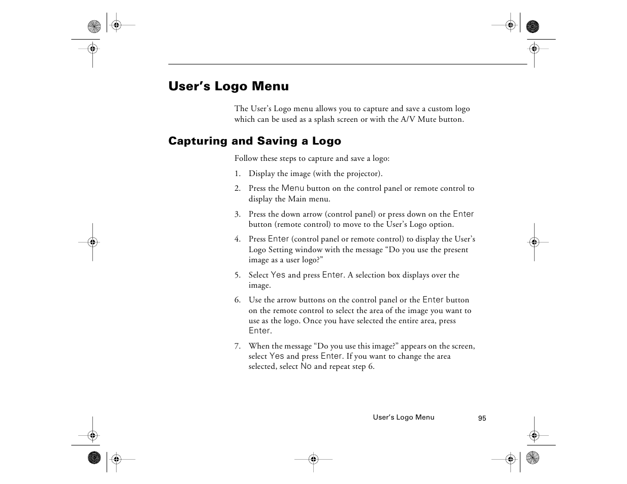 User’s logo menu, Capturing and saving a logo | Epson 8000i User Manual | Page 105 / 178