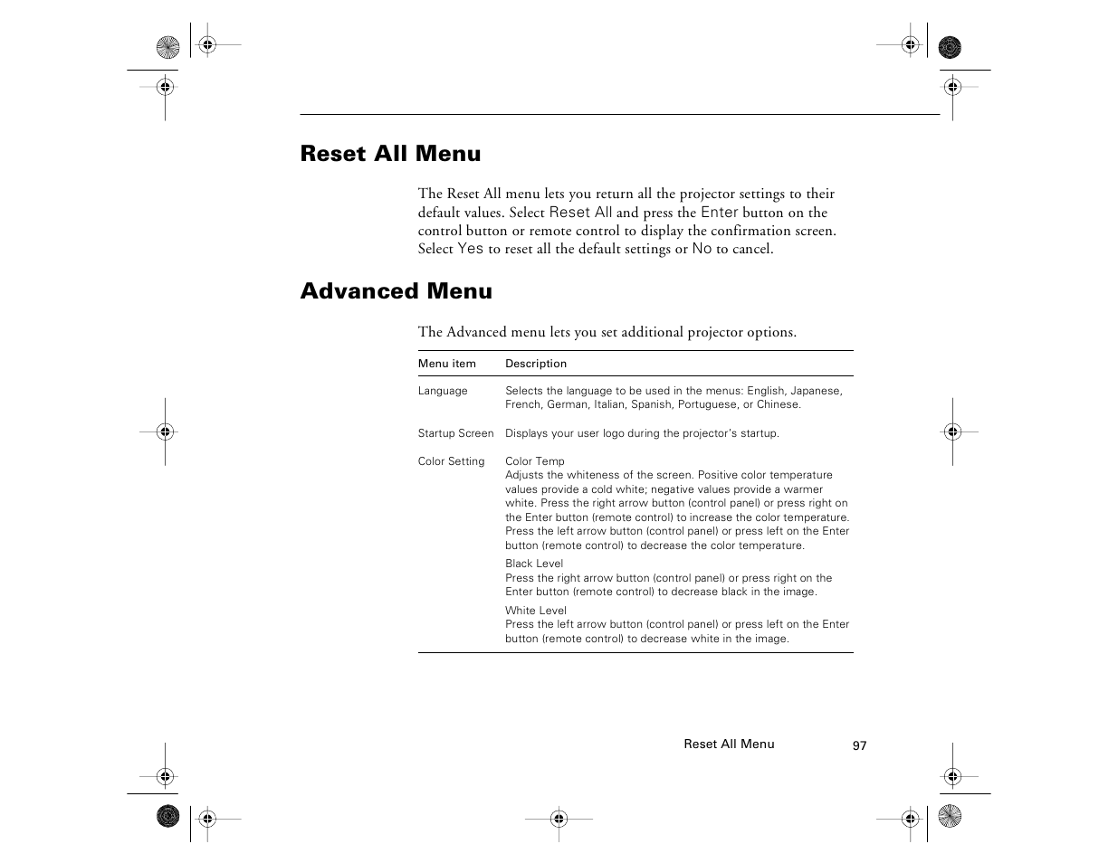 Reset all menu, Advanced menu, Reset all menu advanced menu | Epson 8000i User Manual | Page 107 / 178