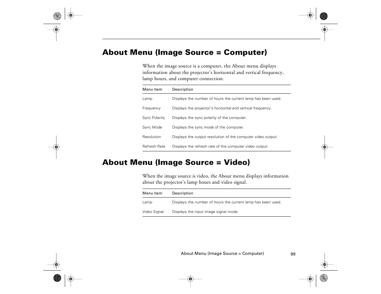 About menu (image source = computer), About menu (image source = video) | Epson 8000i User Manual | Page 109 / 178