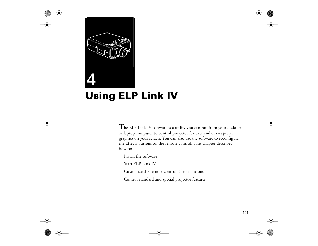 Chap 4-using elp link iv, Using elp link iv | Epson 8000i User Manual | Page 111 / 178