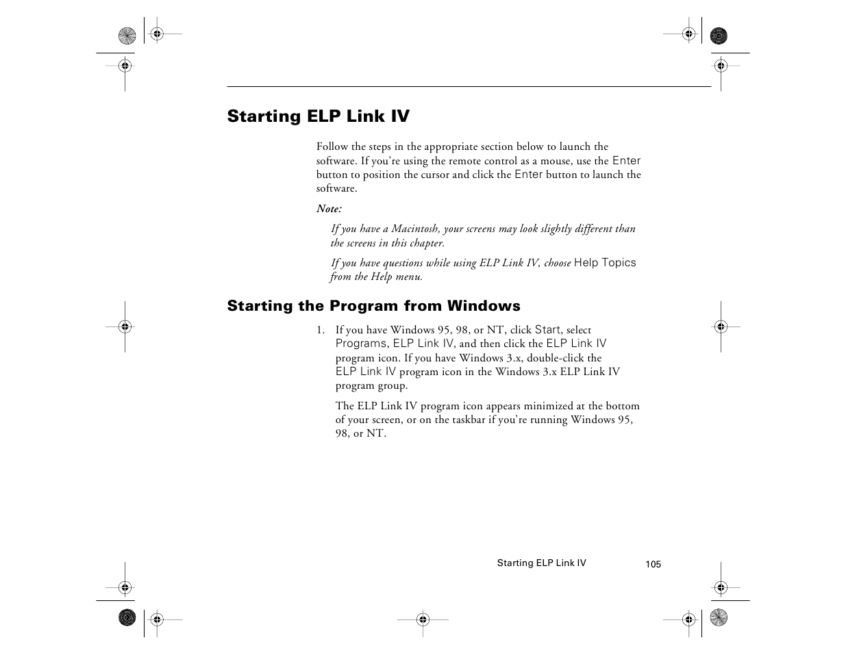 Starting elp link iv, Starting the program from windows | Epson 8000i User Manual | Page 115 / 178