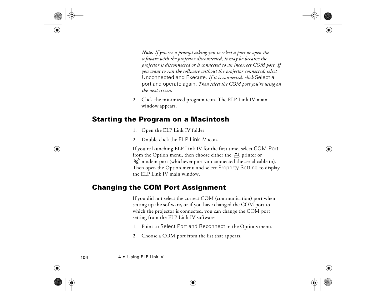 Starting the program on a macintosh, Changing the com port assignment | Epson 8000i User Manual | Page 116 / 178