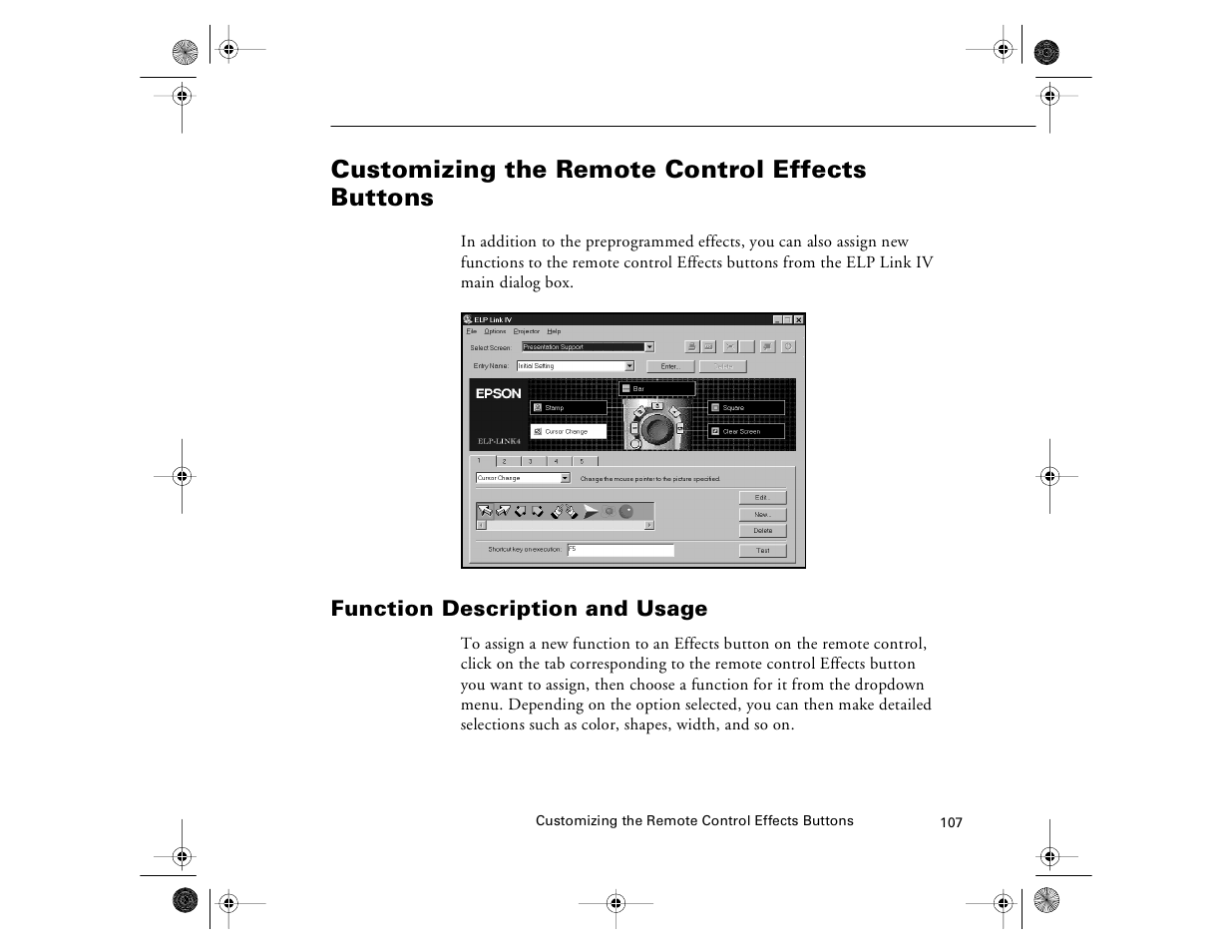 Customizing the remote control effects buttons, Function description and usage | Epson 8000i User Manual | Page 117 / 178