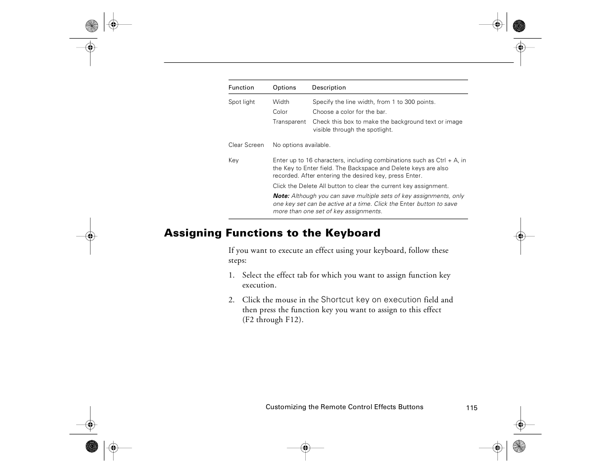 Assigning functions to the keyboard | Epson 8000i User Manual | Page 125 / 178