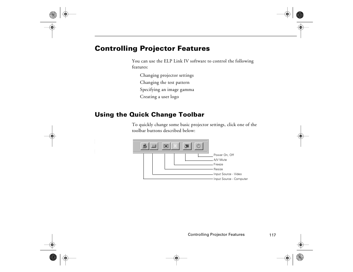 Controlling projector features, Using the quick change toolbar | Epson 8000i User Manual | Page 127 / 178