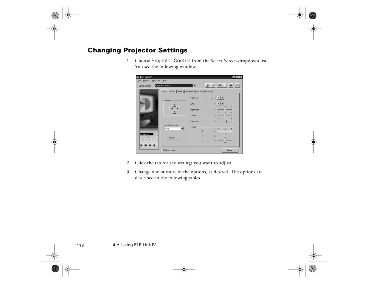 Changing projector settings | Epson 8000i User Manual | Page 128 / 178