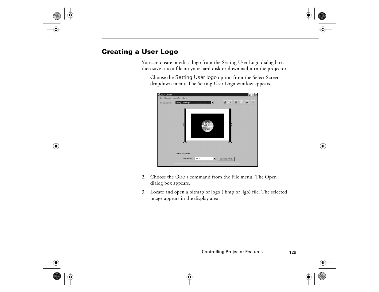 Creating a user logo | Epson 8000i User Manual | Page 139 / 178