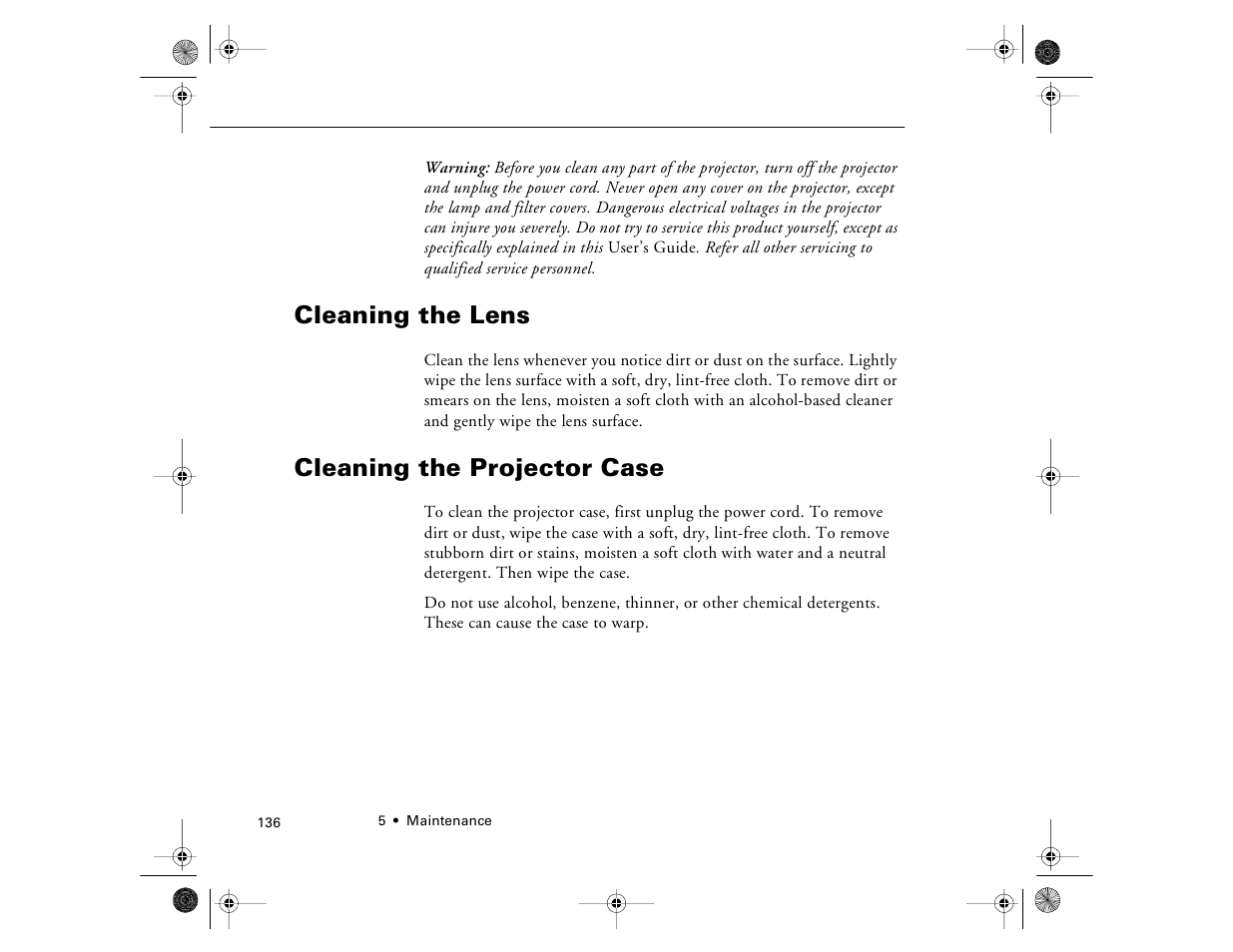 Cleaning the lens, Cleaning the projector case, Cleaning the lens cleaning the projector case | Epson 8000i User Manual | Page 146 / 178