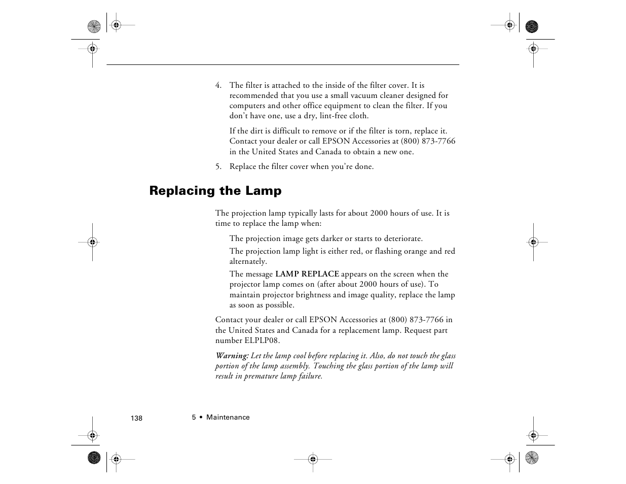 Replacing the lamp | Epson 8000i User Manual | Page 148 / 178