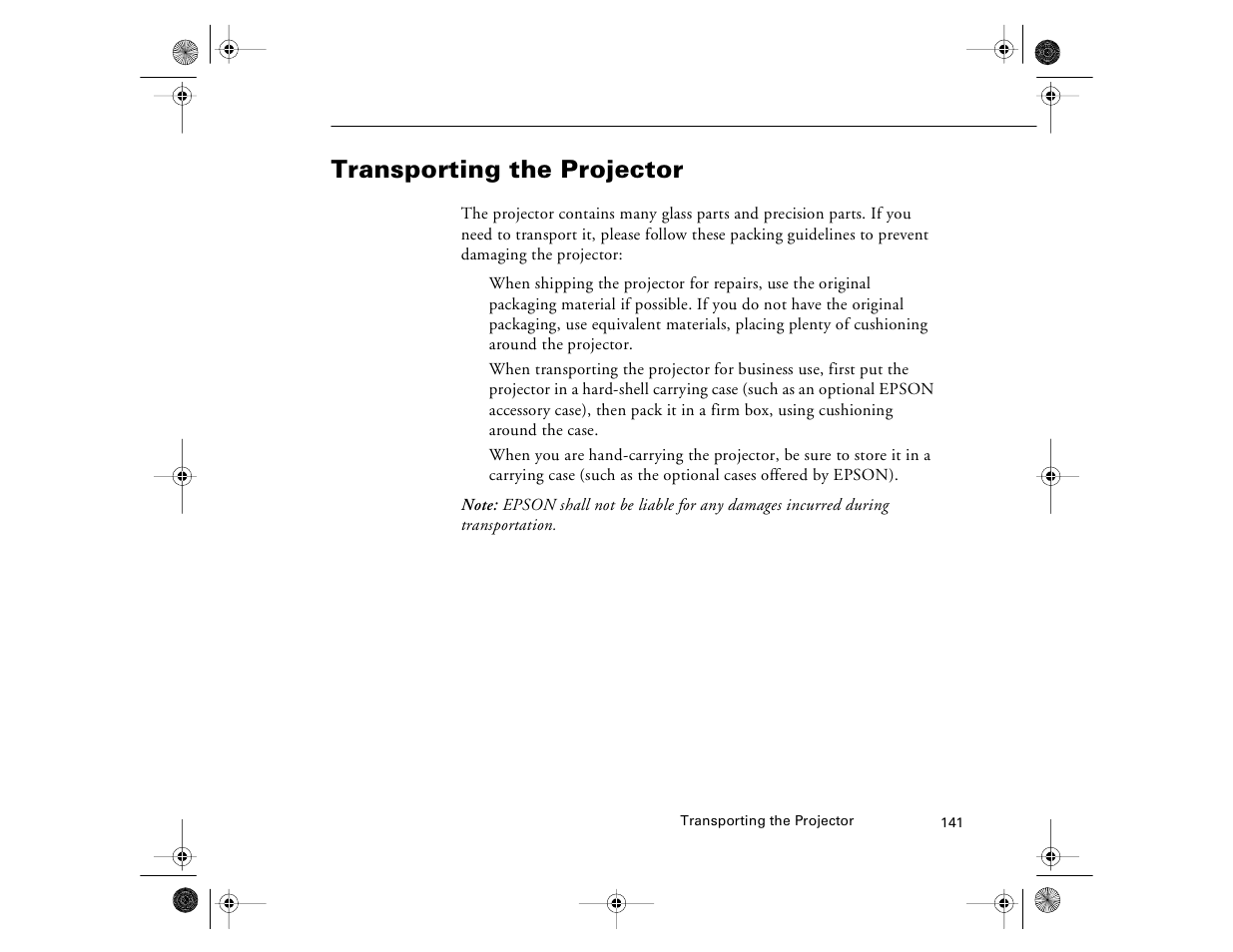 Transporting the projector | Epson 8000i User Manual | Page 151 / 178