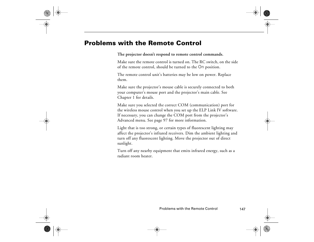 Problems with the remote control | Epson 8000i User Manual | Page 157 / 178