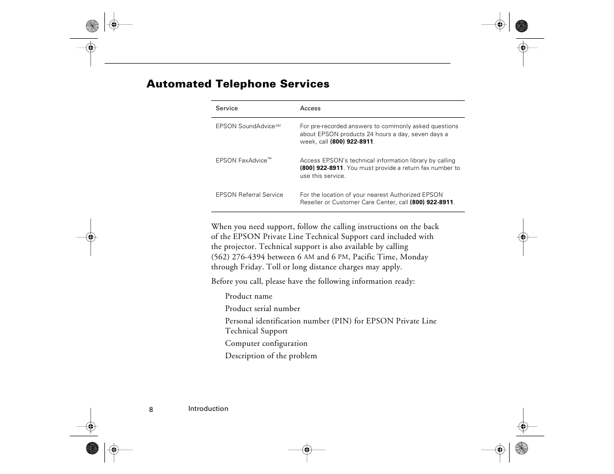 Automated telephone services | Epson 8000i User Manual | Page 18 / 178