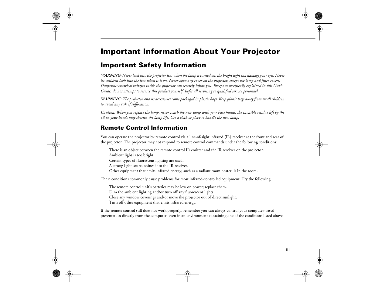 Important information about your projector, Important safety information, Remote control information | Epson 8000i User Manual | Page 3 / 178