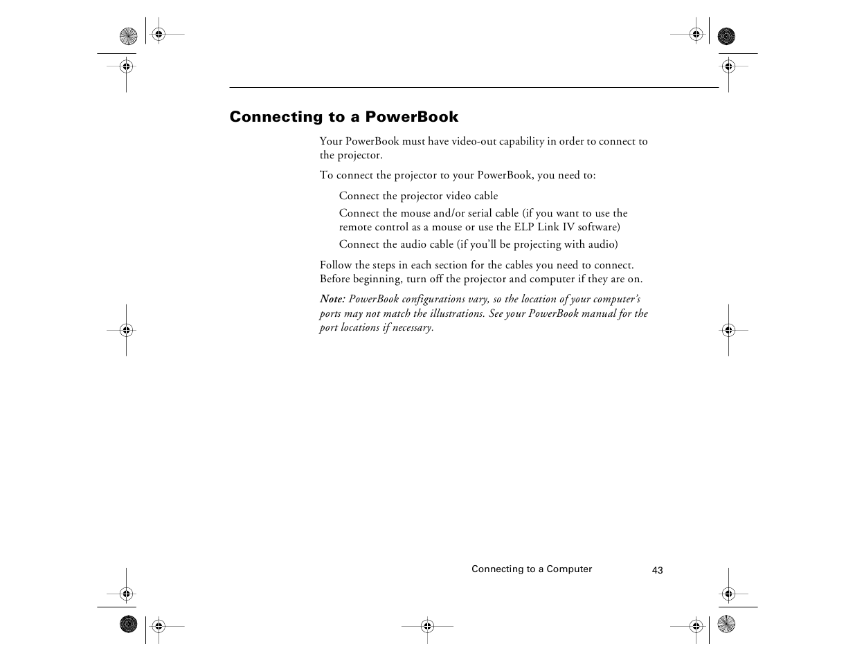 Connecting to a powerbook | Epson 8000i User Manual | Page 53 / 178