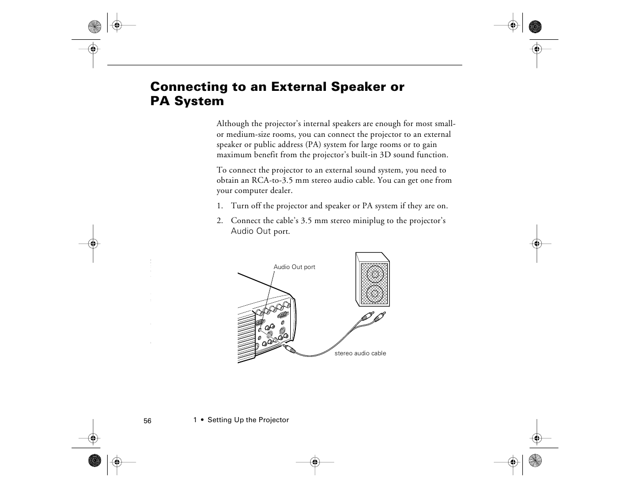 Connecting to an external speaker or pasystem, Connecting to an external speaker or pa system | Epson 8000i User Manual | Page 66 / 178