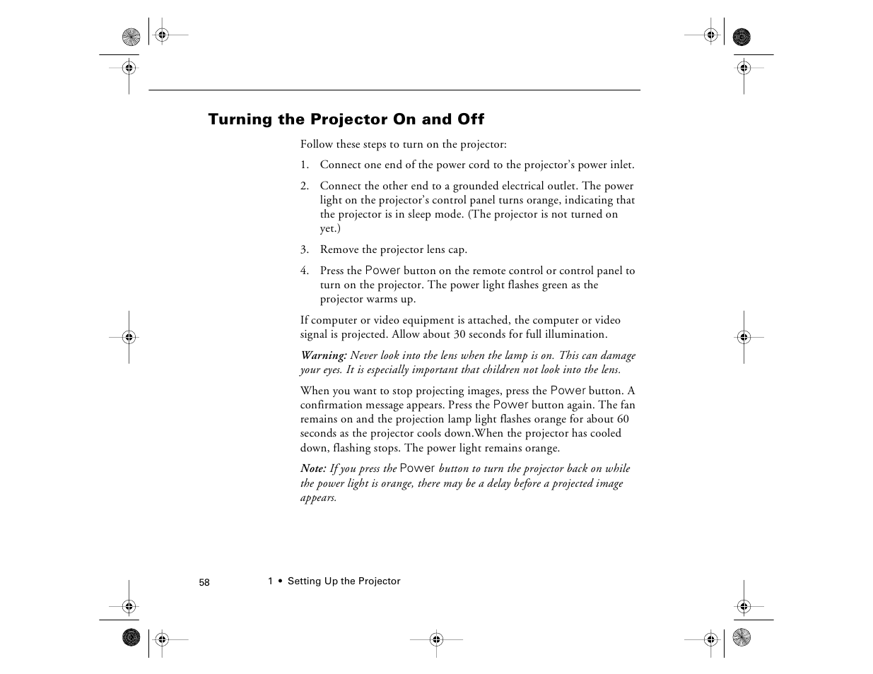 Turning the projector on and off | Epson 8000i User Manual | Page 68 / 178