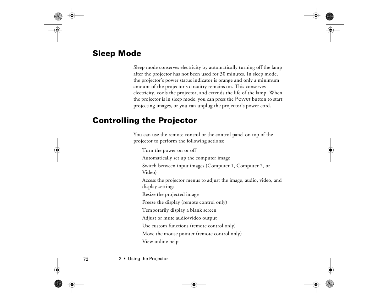 Sleep mode, Controlling the projector, Sleep mode controlling the projector | Epson 8000i User Manual | Page 82 / 178