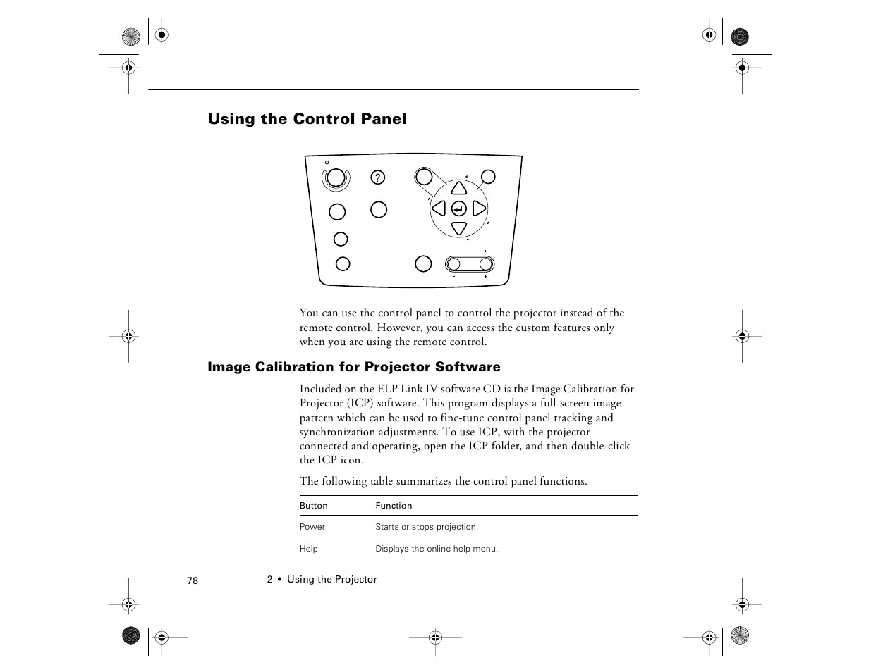 Using the control panel, Image calibration for projector software | Epson 8000i User Manual | Page 88 / 178