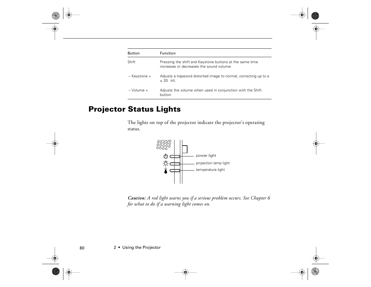 Projector status lights | Epson 8000i User Manual | Page 90 / 178