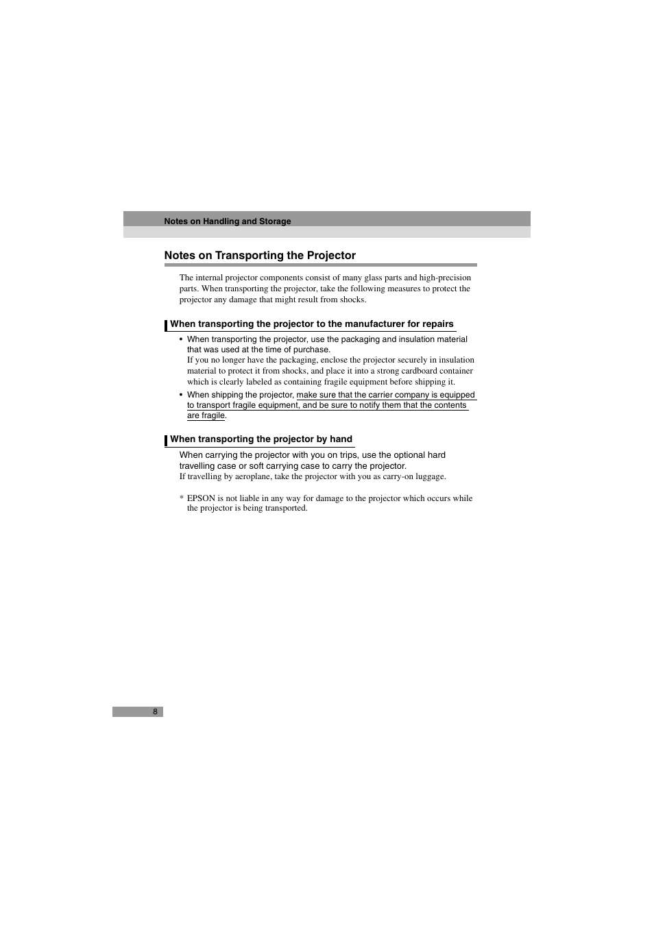 Notes on transporting the projector, When transporting the projector by hand | Epson 402169004 User Manual | Page 10 / 52