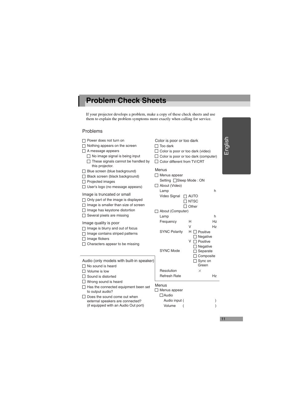 Problem check sheets, English | Epson 402169004 User Manual | Page 13 / 52
