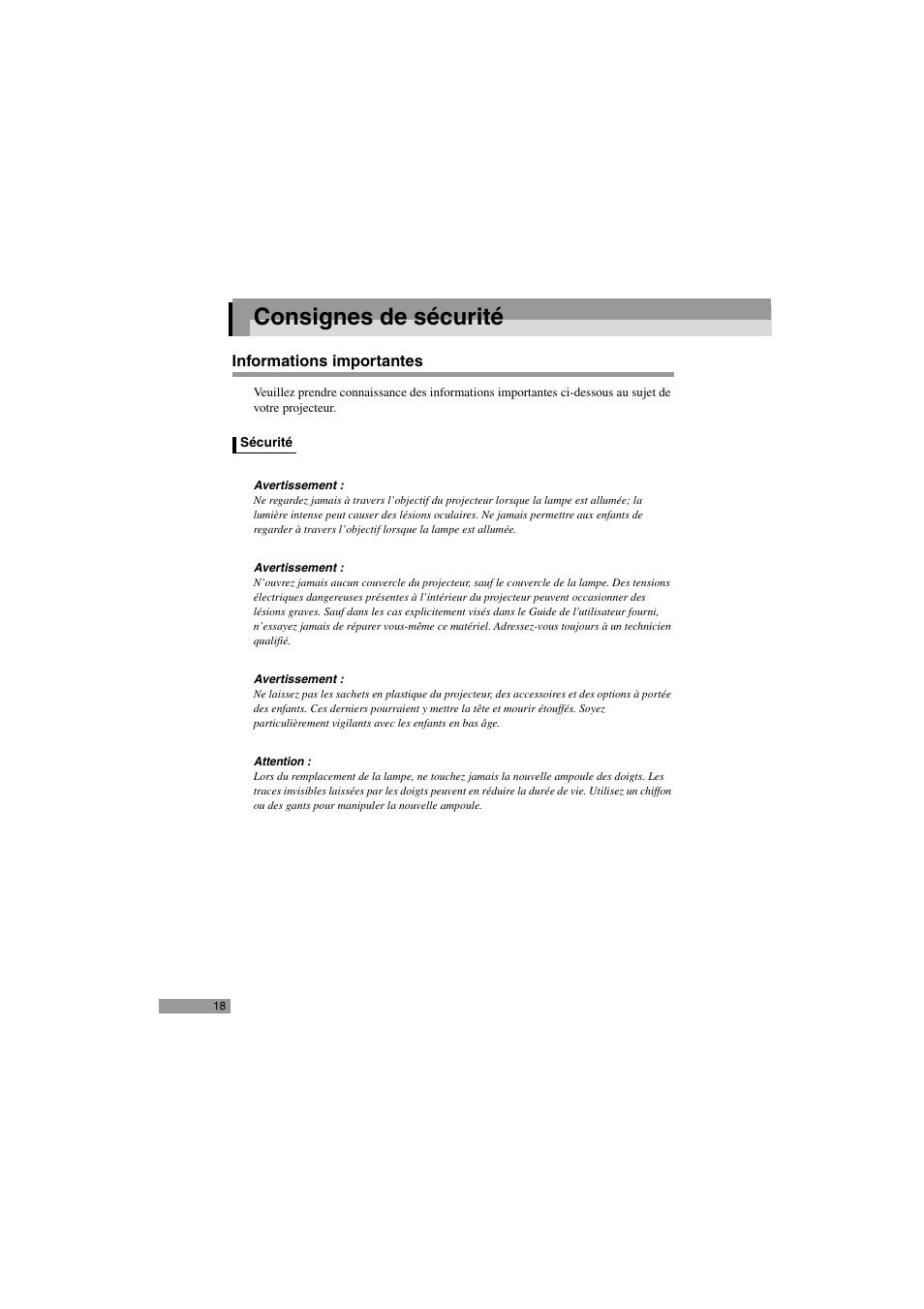 Consignes de sécurité, Informations importantes, Sécurité | Epson 402169004 User Manual | Page 20 / 52