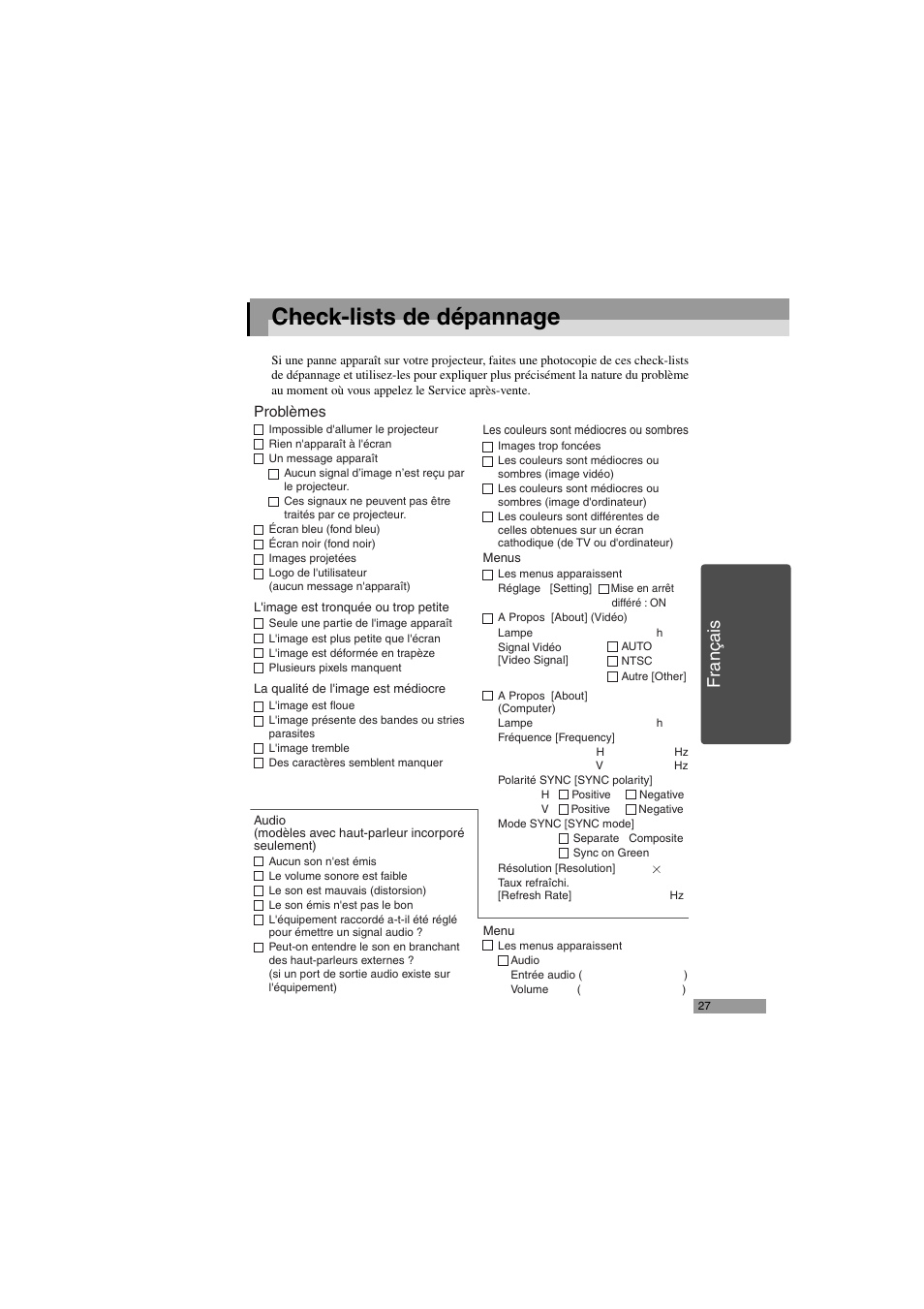 Check-lists de dépannage, Fr a n ça is | Epson 402169004 User Manual | Page 29 / 52