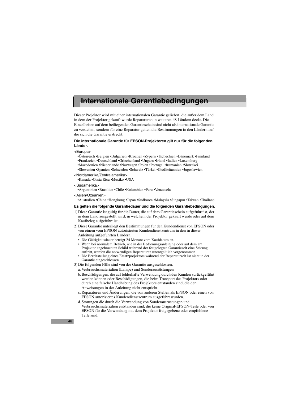 Internationale garantiebedingungen, Garantiebedingungen, Internationale | Epson 402169004 User Manual | Page 48 / 52