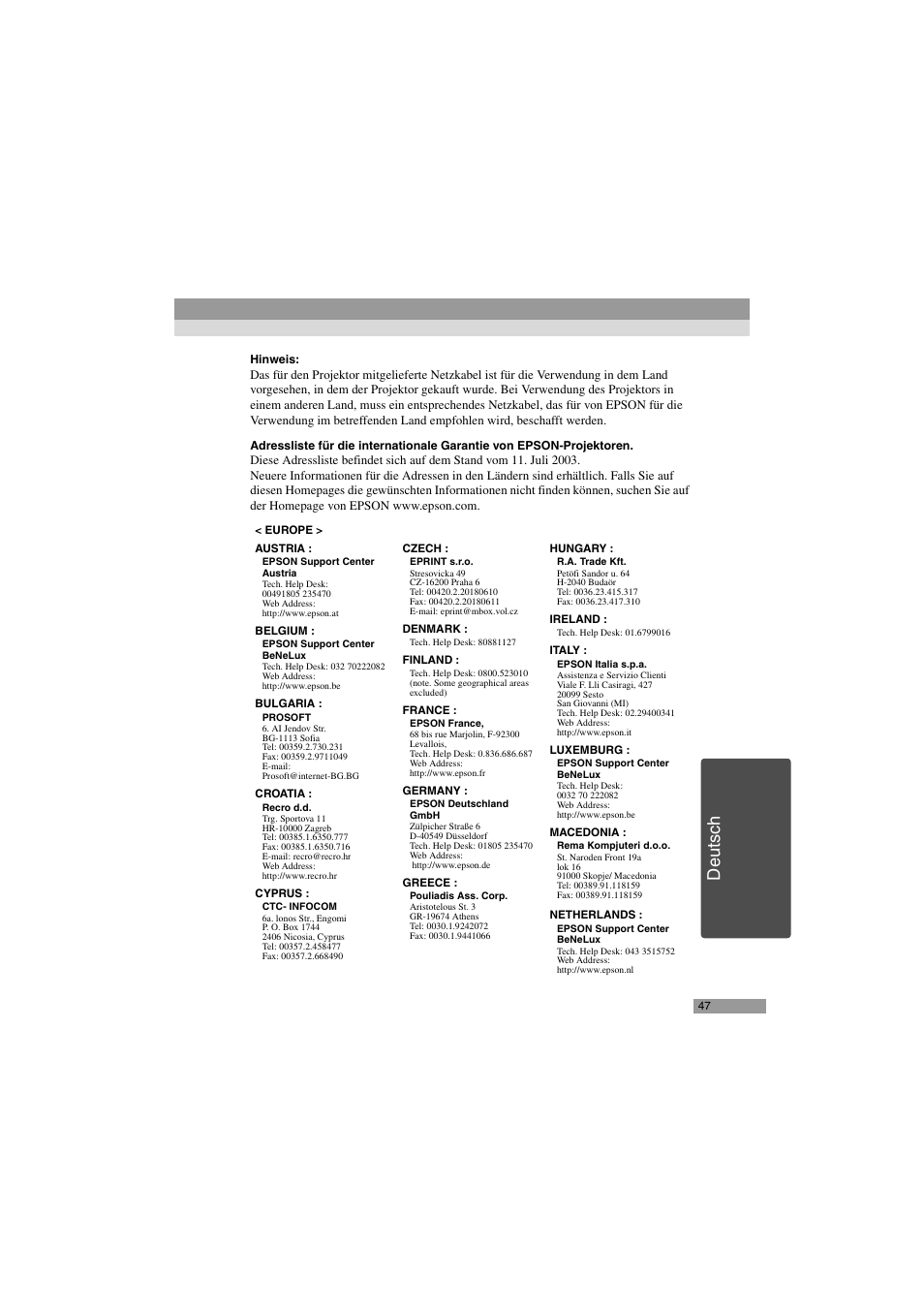 Deut sch | Epson 402169004 User Manual | Page 49 / 52