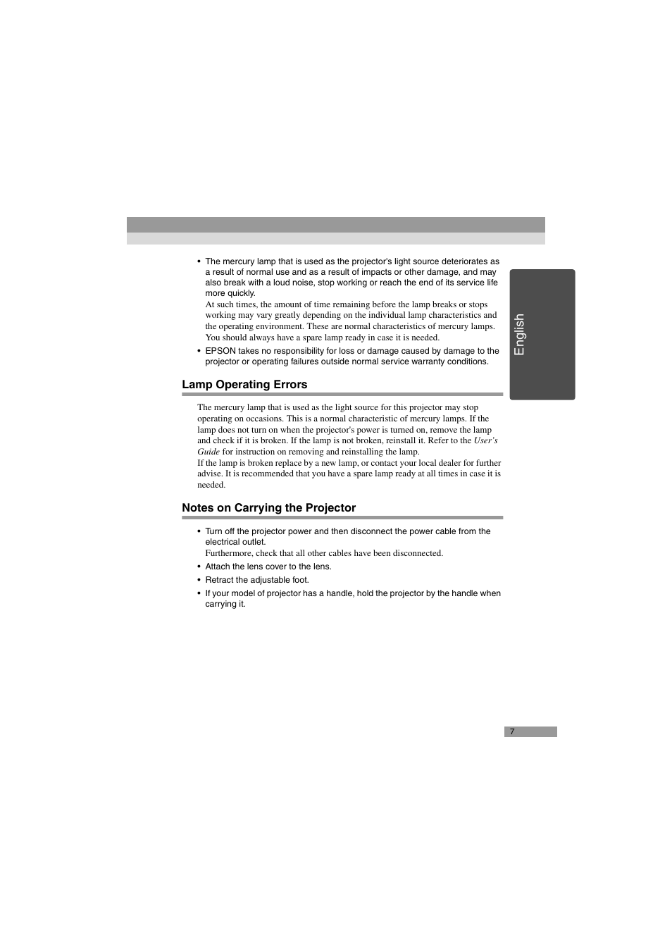 Lamp operating errors, Notes on carrying the projector, English | Epson 402169004 User Manual | Page 9 / 52