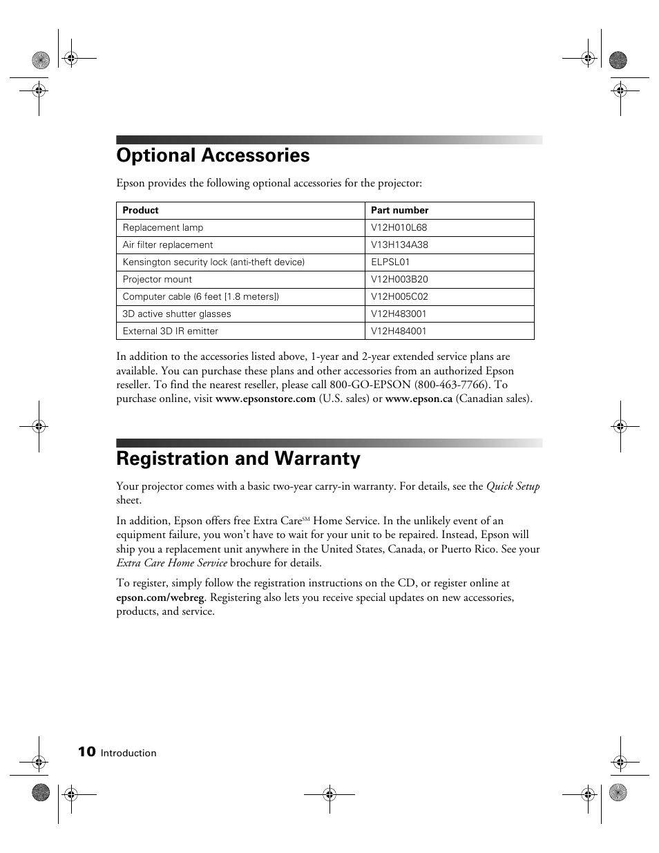 Optional accessories, Registration and warranty | Epson 3010E User Manual | Page 10 / 88