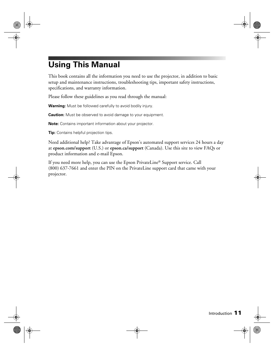 Using this manual | Epson 3010E User Manual | Page 11 / 88