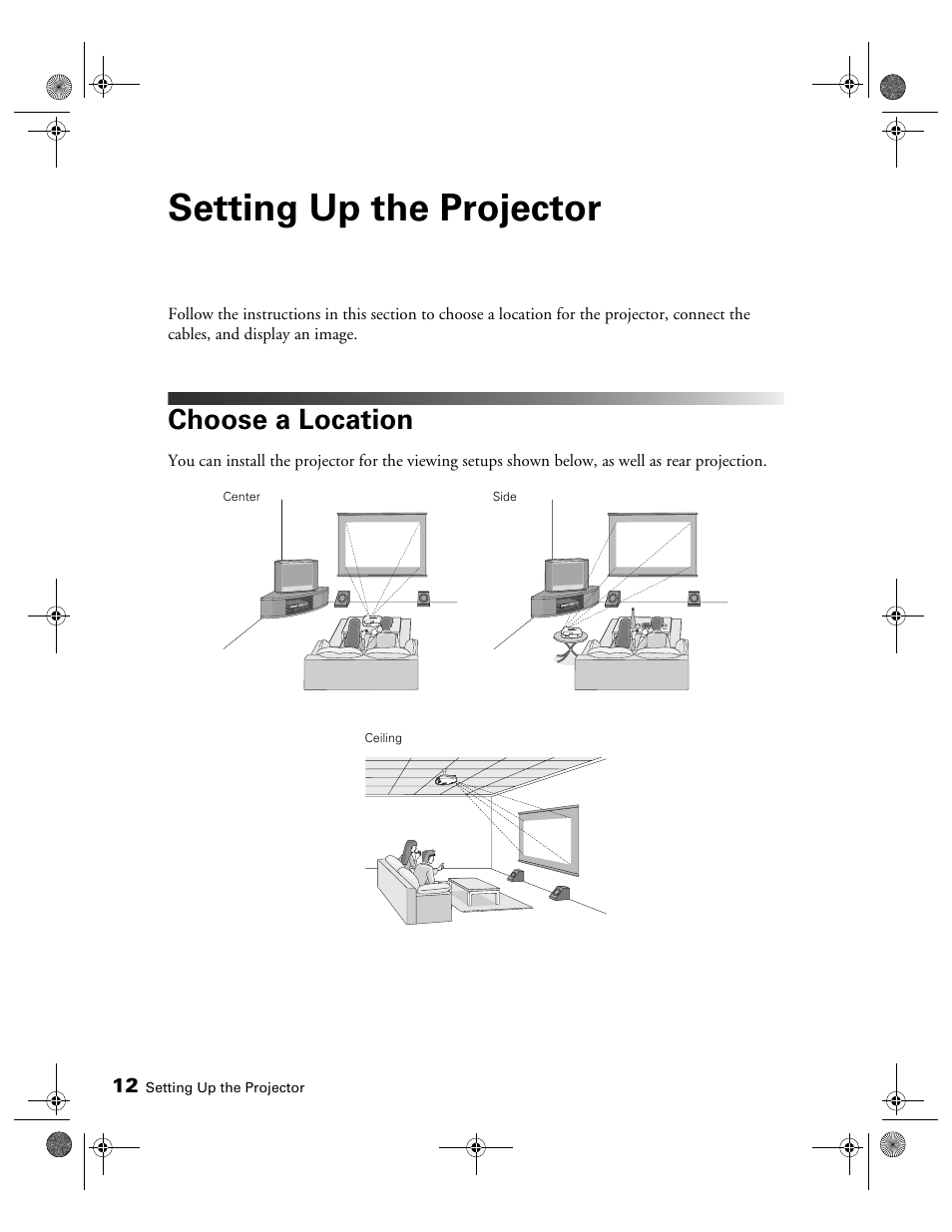 Setting up the projector, Choose a location | Epson 3010E User Manual | Page 12 / 88