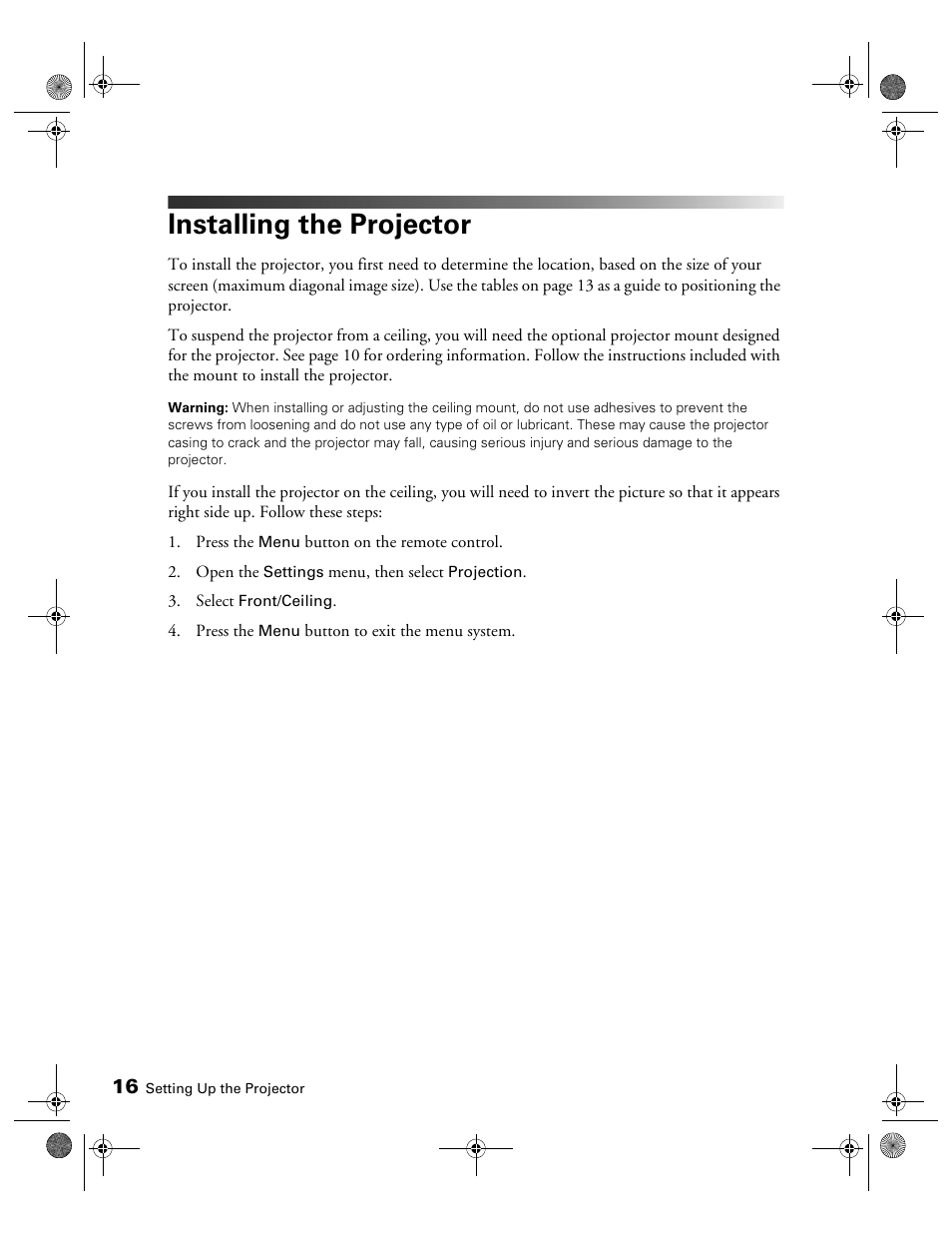 Installing the projector | Epson 3010E User Manual | Page 16 / 88