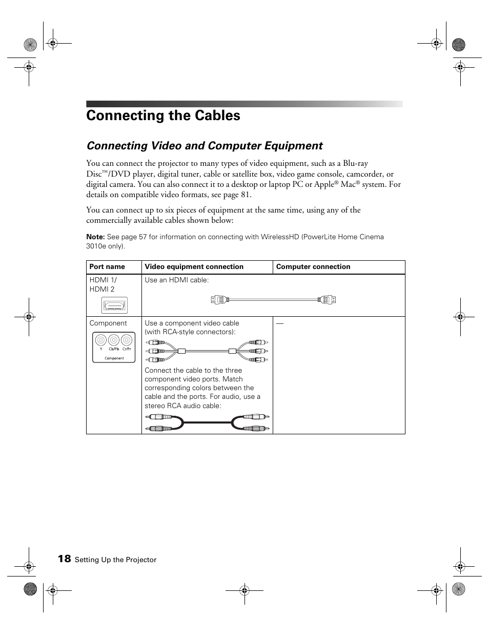 Connecting the cables, Connecting video and computer equipment | Epson 3010E User Manual | Page 18 / 88