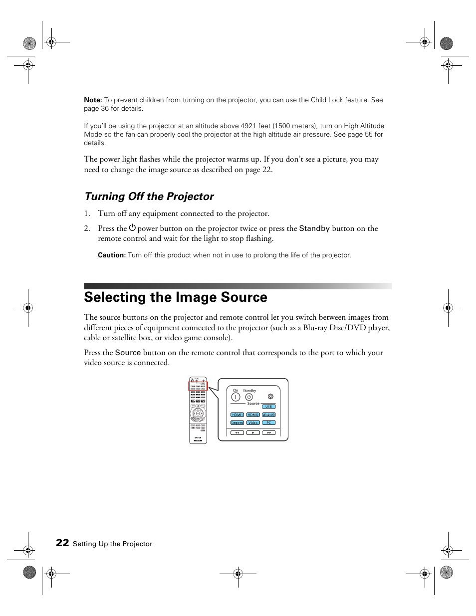 Turning off the projector, Selecting the image source | Epson 3010E User Manual | Page 22 / 88