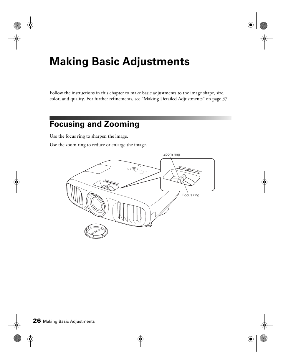 Making basic adjustments, Focusing and zooming | Epson 3010E User Manual | Page 26 / 88