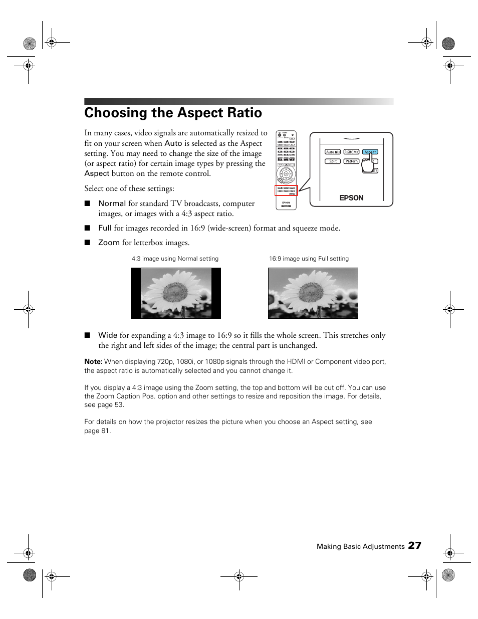 Choosing the aspect ratio | Epson 3010E User Manual | Page 27 / 88