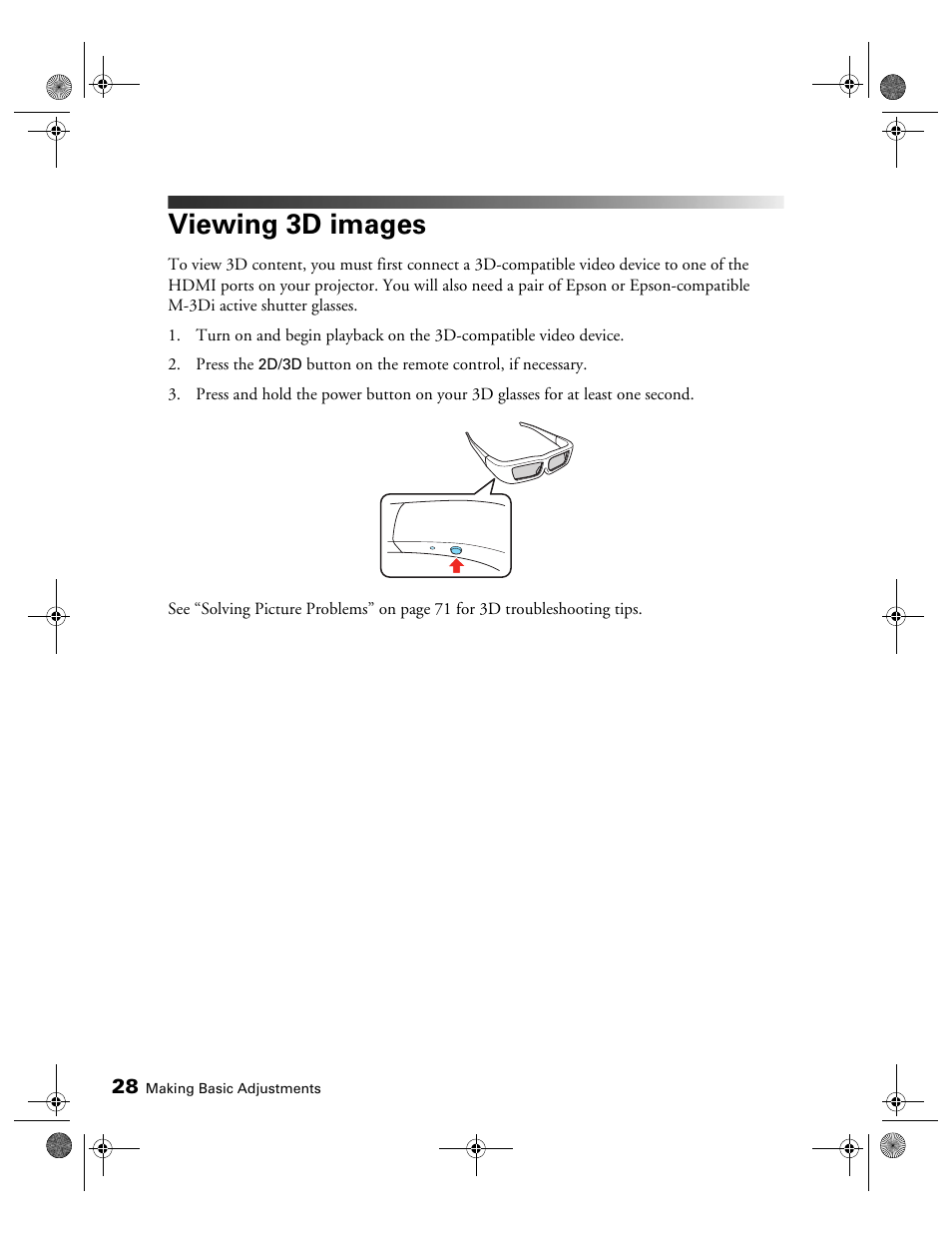 Viewing 3d images | Epson 3010E User Manual | Page 28 / 88