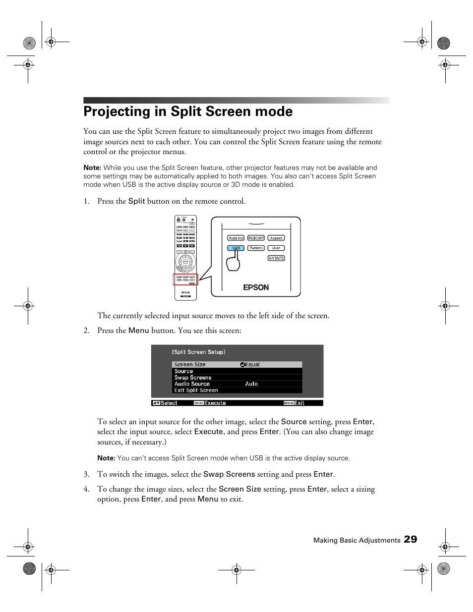 Projecting in split screen mode | Epson 3010E User Manual | Page 29 / 88