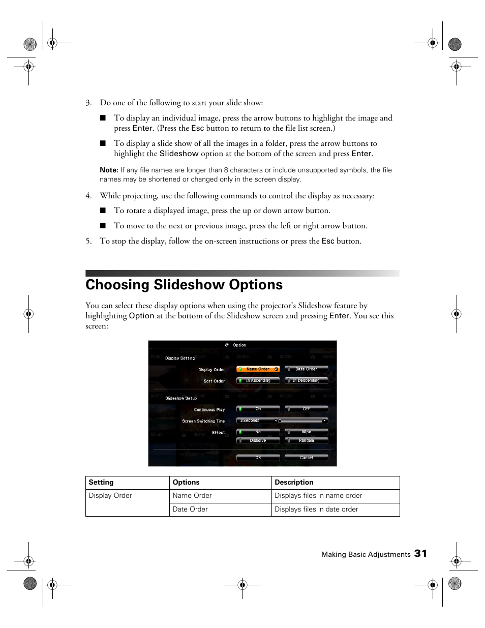 Choosing slideshow options | Epson 3010E User Manual | Page 31 / 88