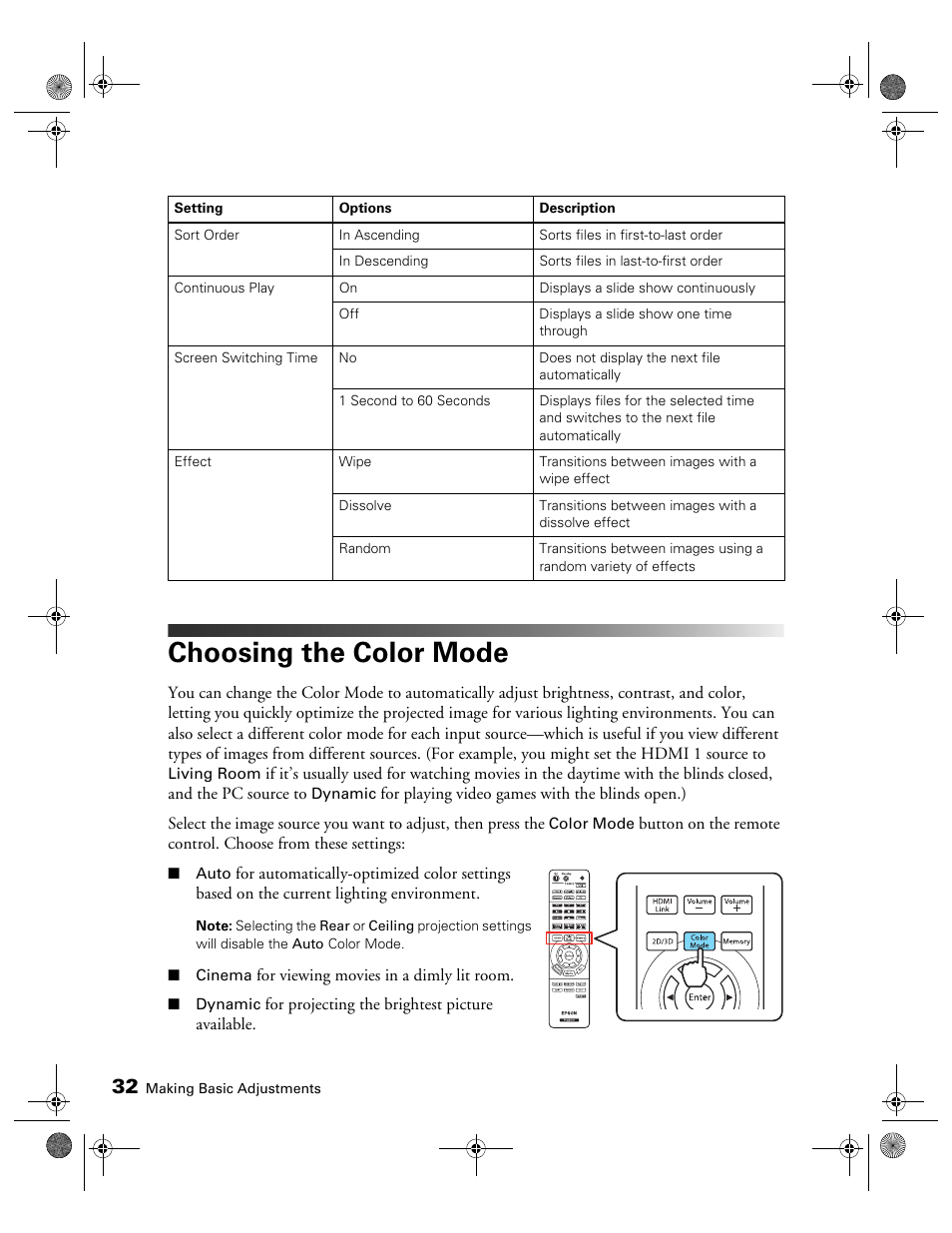 Choosing the color mode | Epson 3010E User Manual | Page 32 / 88