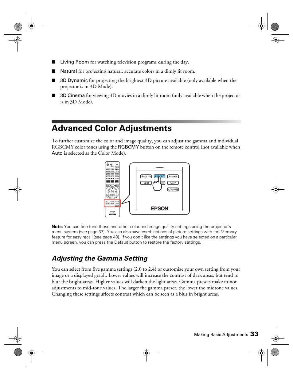 Advanced color adjustments, Adjusting the gamma setting | Epson 3010E User Manual | Page 33 / 88