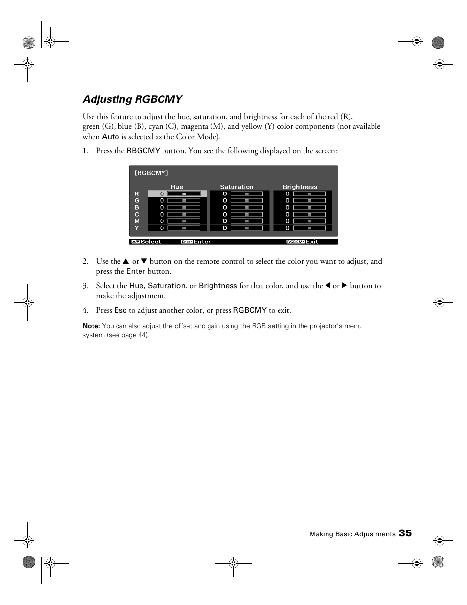 Adjusting rgbcmy | Epson 3010E User Manual | Page 35 / 88