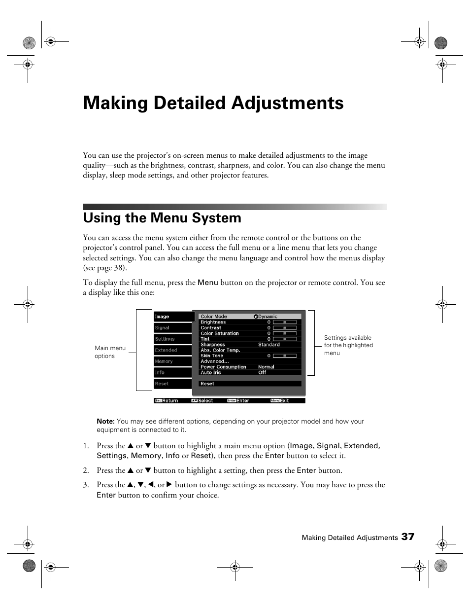 Making detailed adjustments, Using the menu system | Epson 3010E User Manual | Page 37 / 88