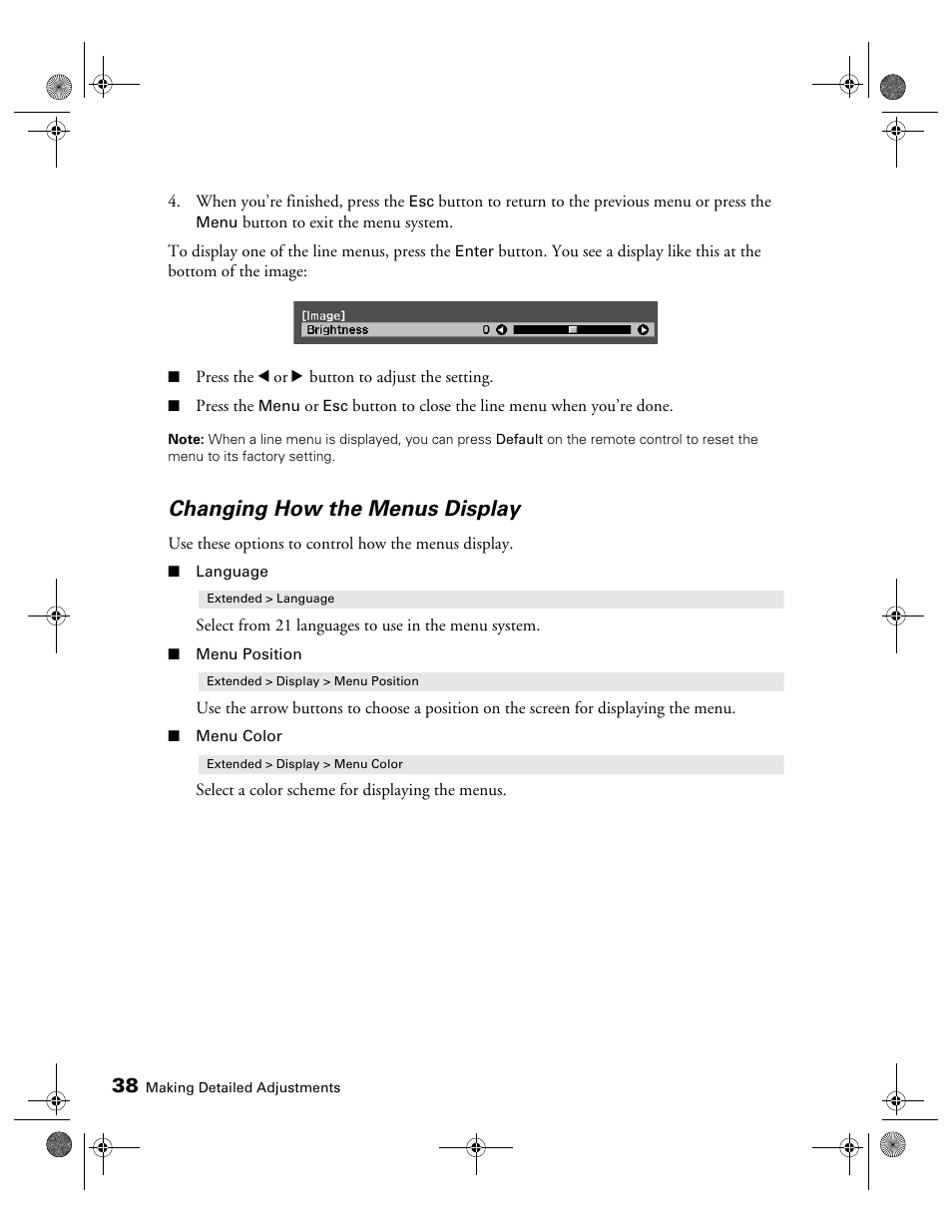 Changing how the menus display | Epson 3010E User Manual | Page 38 / 88