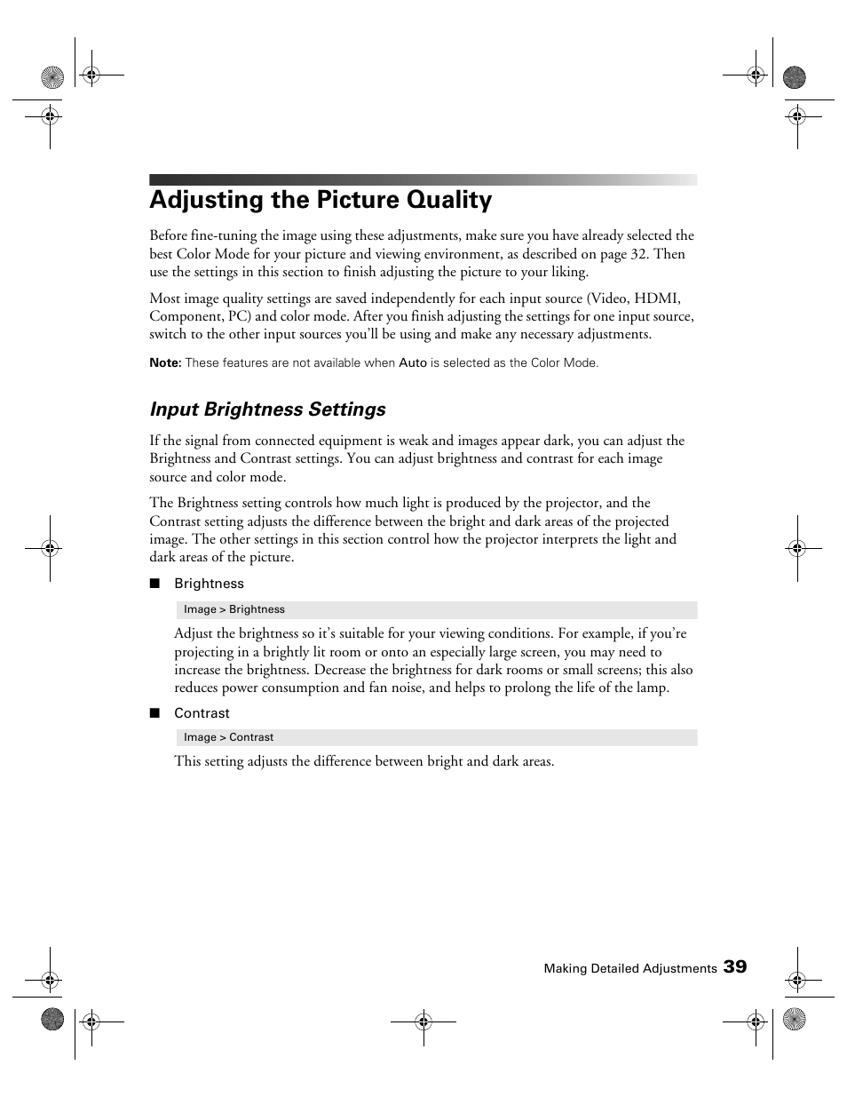 Adjusting the picture quality, Input brightness settings | Epson 3010E User Manual | Page 39 / 88