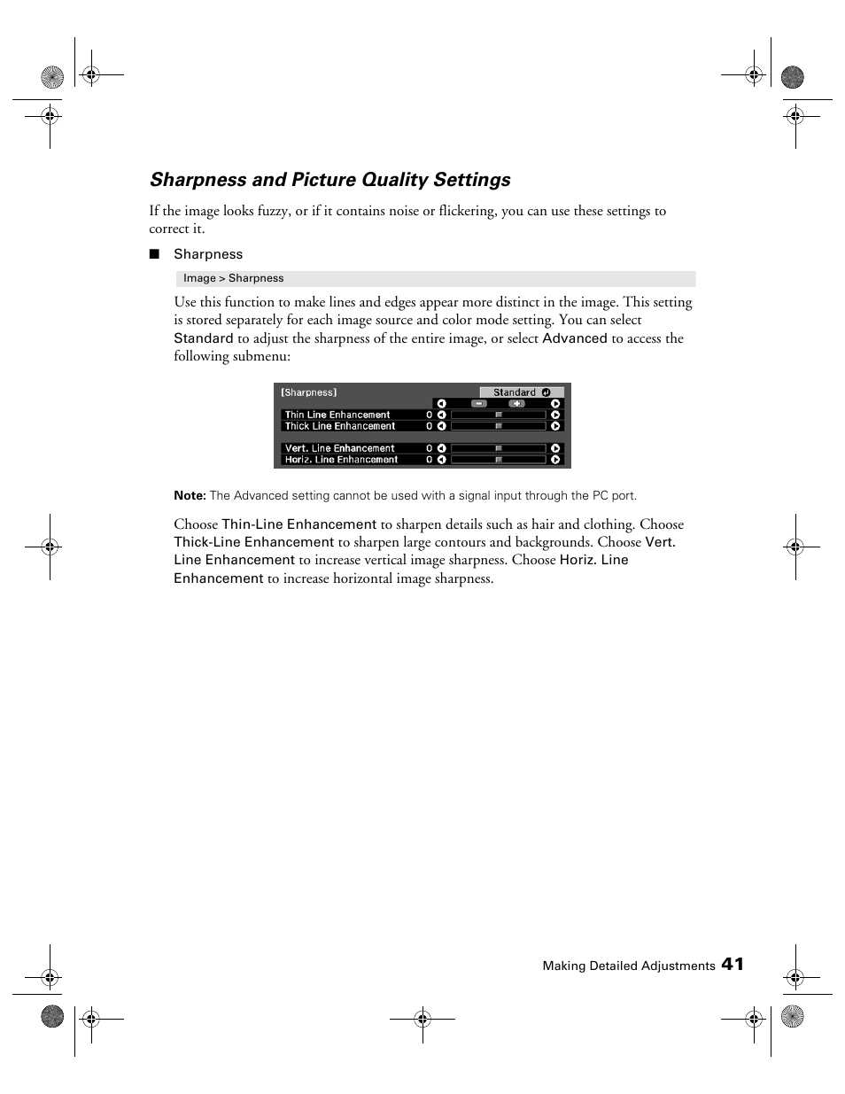 Sharpness and picture quality settings | Epson 3010E User Manual | Page 41 / 88